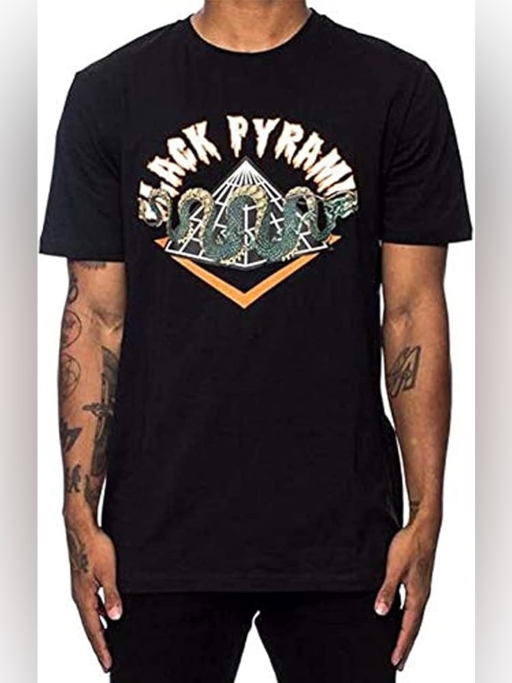 Black Pyramid Black Tee with Green Snake & Orange Accent Graphic